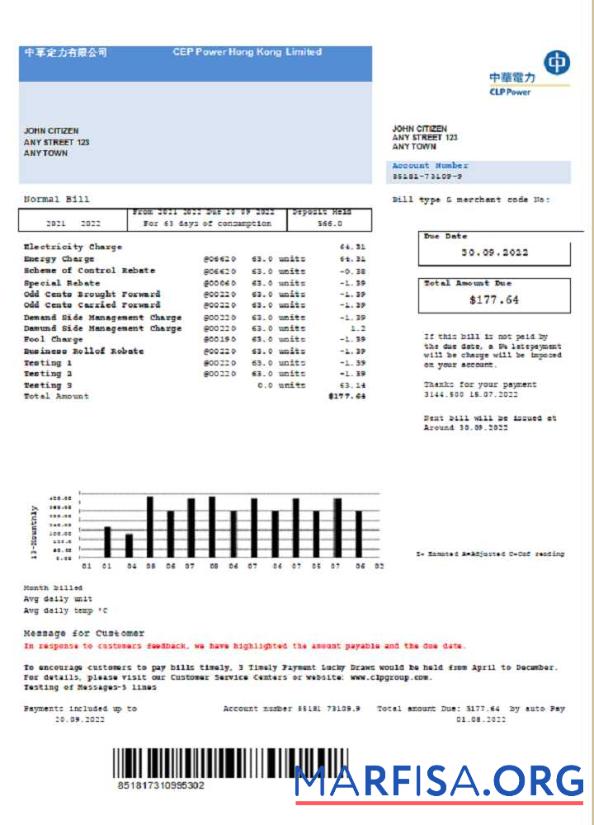 Blank Hong Kong CLP Power Hong Kong Limited utility bill sample